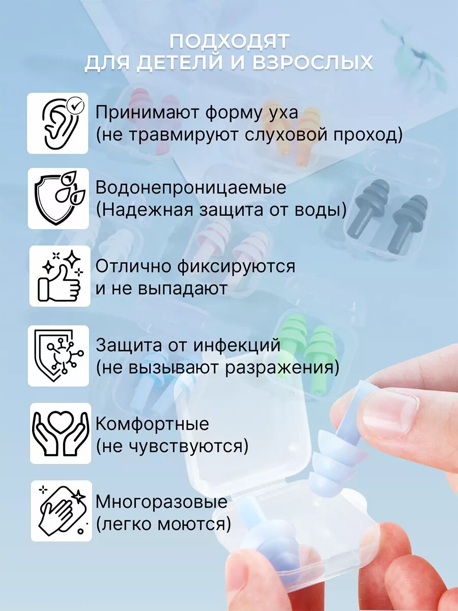 Изображение Беруши для плавания водонепроницаемые многоразовые для ушей