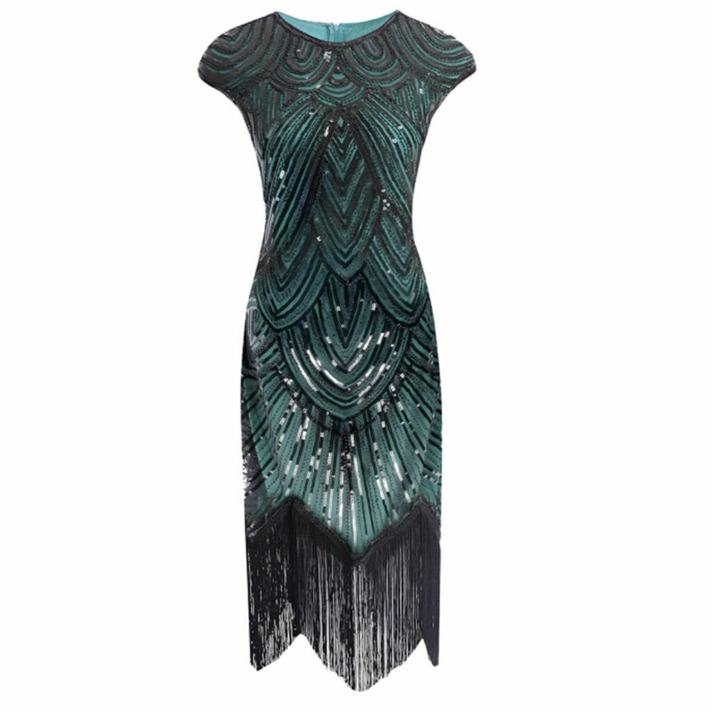 Платье с бисером и бахромой - зеленое - S