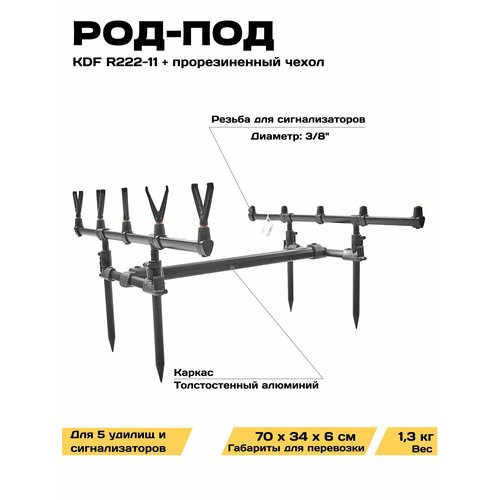 Род-Под на четырех стойках под 5 удилищ, черный алюминий, KDF
