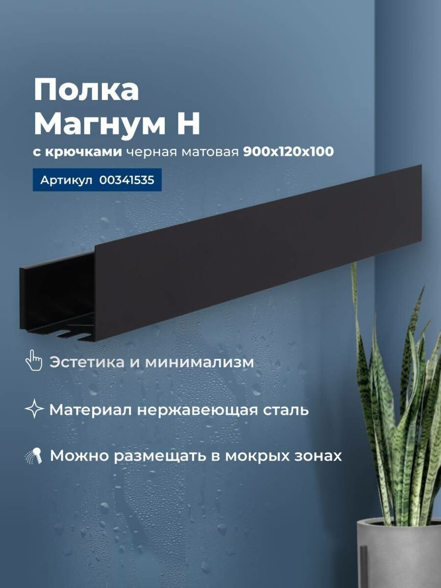 Полка Aquanet Магнум Н 90x12 черная матовая, с крючками