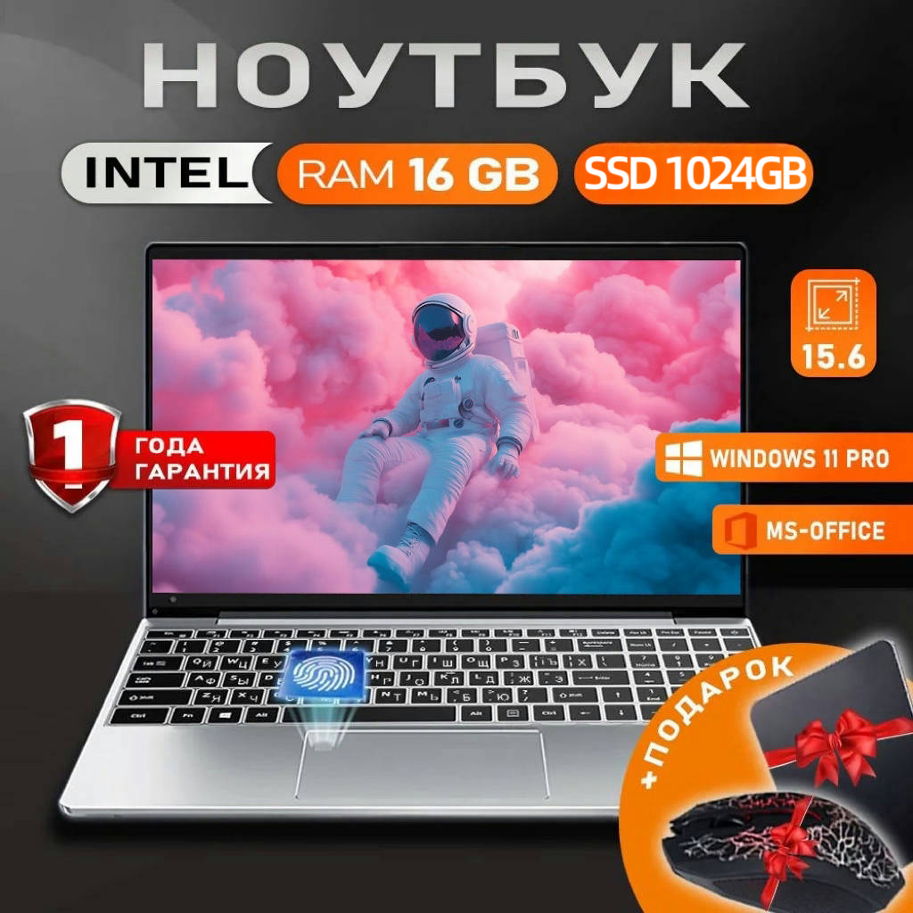 Ноутбук 15.6", Intel Celeron N5095 (2.9 ГГц), RAM 16 ГБ, SSD 1024 ГБ, Intel UHD Graphics, Windows 11, Серебро Русская раскладка