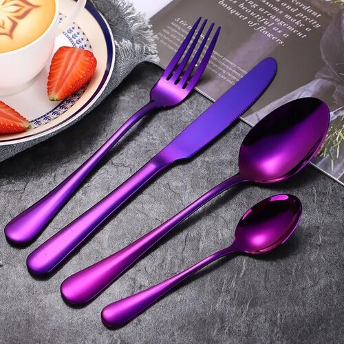 Набор из 4 столовых приборов из нержавеющей стали с титановым покрытием (ложка, вилка, нож и чайная ложка) (фиолетовый)