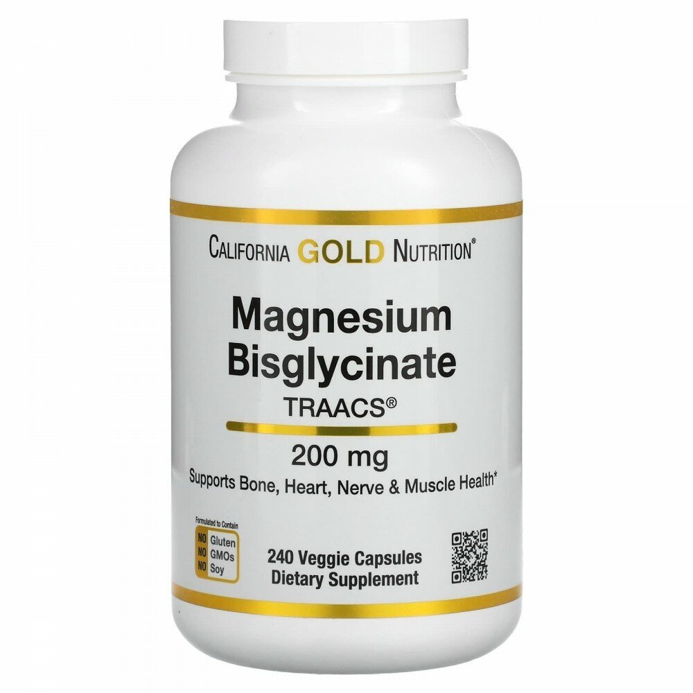 California Gold Nutrition, Magnesium Bisglycinate, бисглицинат магния, с TRAACS®, 200 мг, 240 растительных капсул