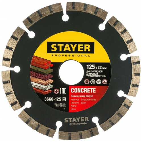 STAYER Диск алмазный по бетону/кирпичу/плитке (125х22.2 мм) CONCRETE Professional Stayer 3660-125_z02