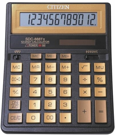 Калькулятор настольный CITIZEN SDC-888TIIGE (203х158мм), 12 разрядов, двойное питание, золотой