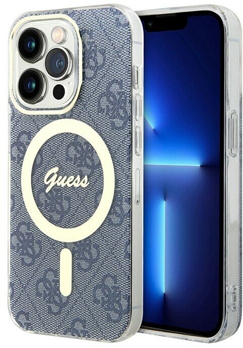 Чехол Guess 4G Hard для iPhone 14 Pro Max, синий/золотой (MagSafe)