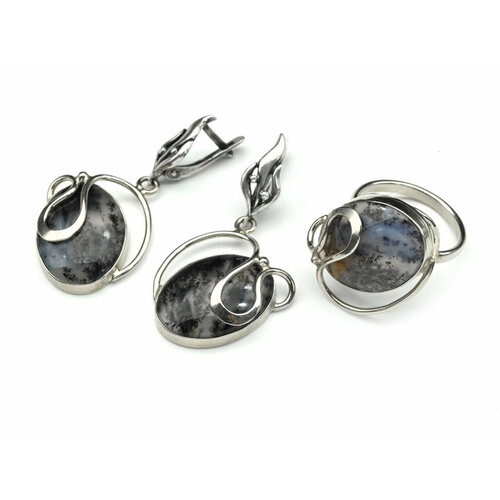 Комплект бижутерии Радуга Камня: кольцо, серьги, агат, размер кольца 17, мультиколор