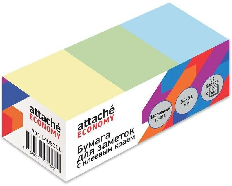Стикеры (самоклеящийся блок) Attache Economy, 38x51мм, 3 цвета пастель, 12 блоков по 100 листов