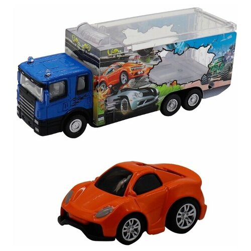 Набор грузовик + машинка die-cast оранжевая, спусковой механизм 1:60 Funky toys FT61052