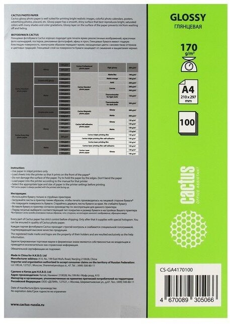 Фотобумага Cactus A4/170г/м2/100л./белый глянцевое для струйной печати - фото №2