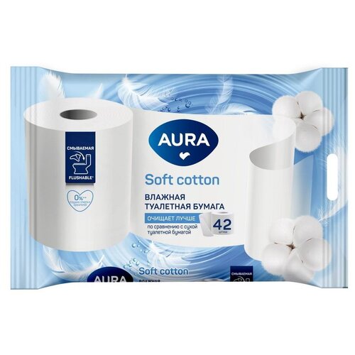 Влажная туалетная бумага Aura Soft Cotton 42 лист., белый, ромашка