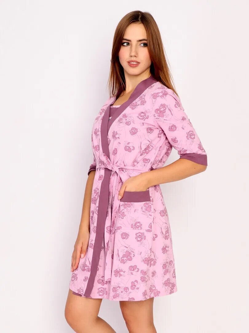 Комплект Style Margo, сорочка, халат, укороченный рукав, пояс, размер 48, розовый - фотография № 2