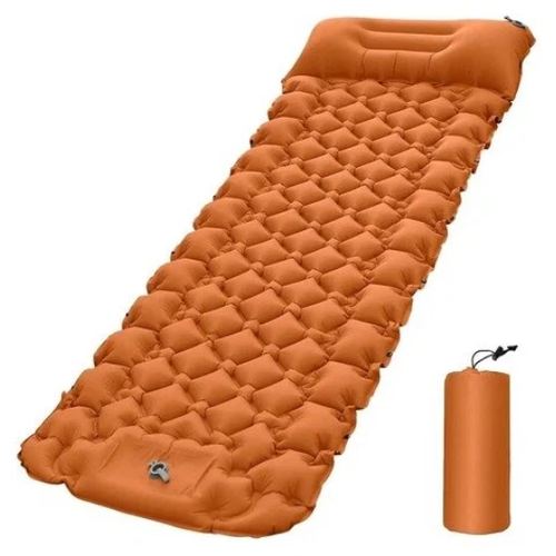 Коврик туристический самонадувающийся с подушкой и встроенным насосом, оранжевый надувной ячеистый матрас с подушкой не съемной 190х56х5 см темно синий