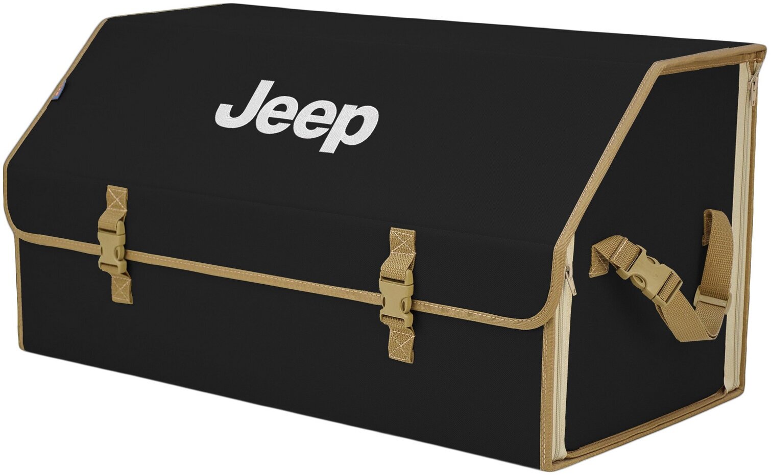 Органайзер-саквояж в багажник "Союз" (размер XL Plus). Цвет: черный с бежевой окантовкой и вышивкой Jeep (Джип).