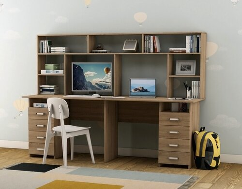 Изображение товара Стол письменный, компьютерный для двоих Лайт (Ньюкасл) 15 с надстройкой дуб сонома