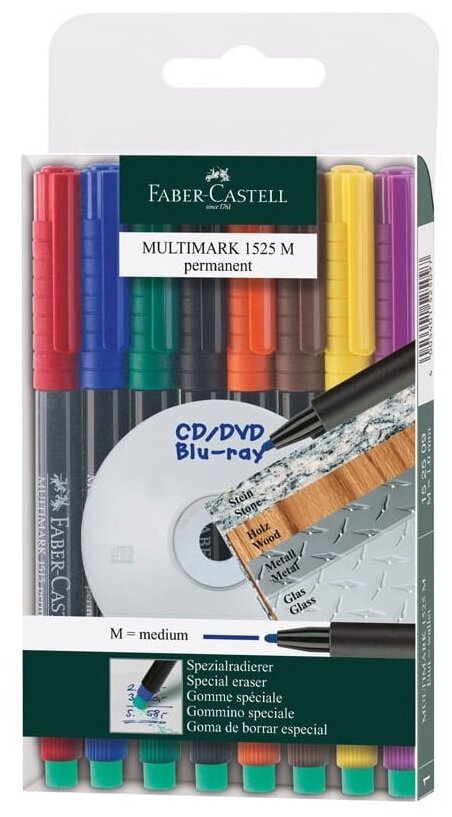 Набор перманентных маркеров Faber-Castell Multimark permanent (1мм, круглый, M, 8 цветов с ластиком) (152509)