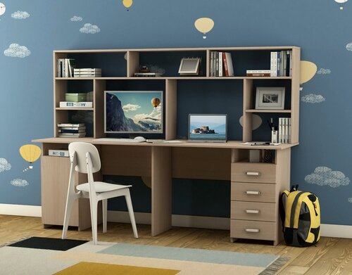 Изображение товара Стол письменный, компьютерный для двоих Лайт (Ньюкасл) 13 с надстройкой дуб молочный