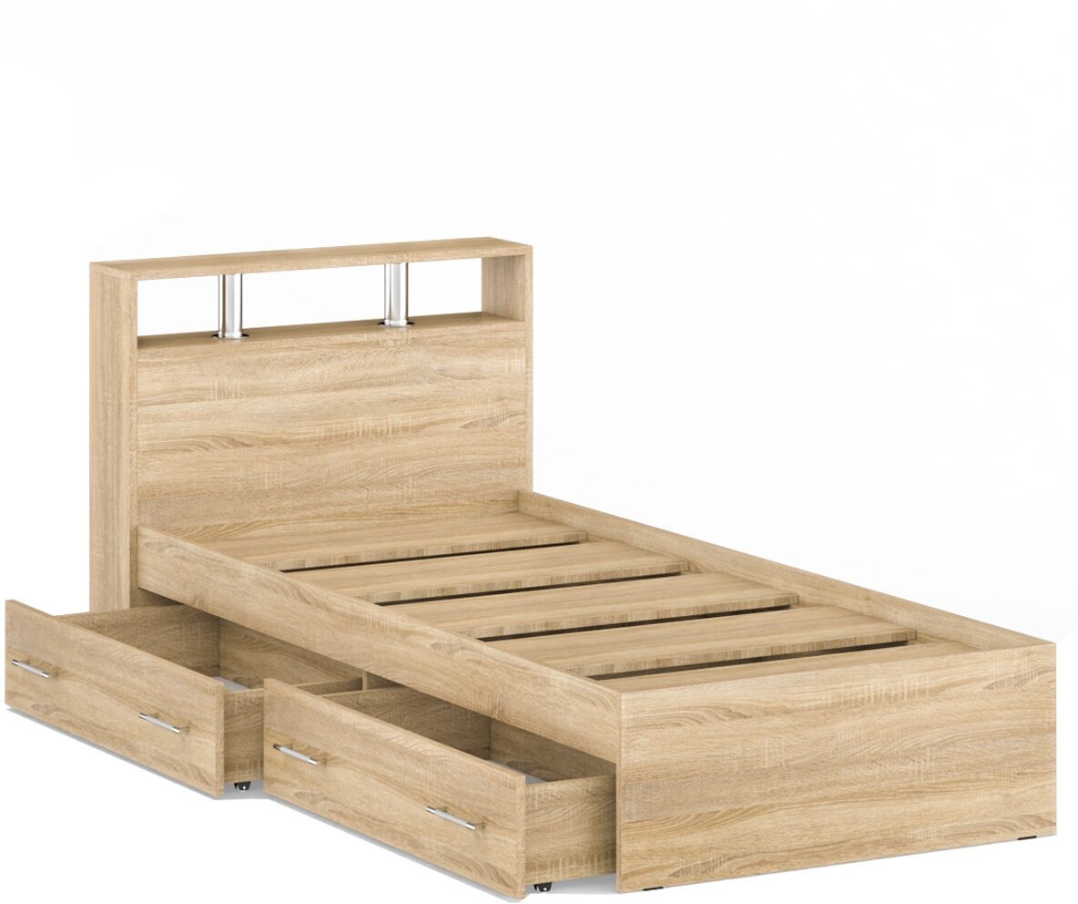 Кровать с ящиками Камелия 900, цвет дуб сонома, ШхГхВ 93,5х217х78,2 см, спальное место 900х2000 мм, без матраса, основание есть