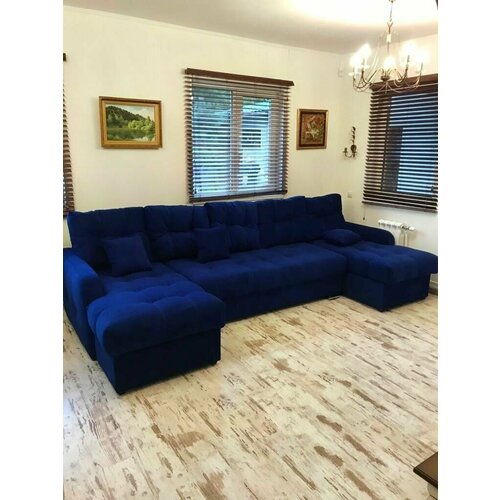 Большой диван п-образный 290*165 см синий велюр, подушки в комплекте