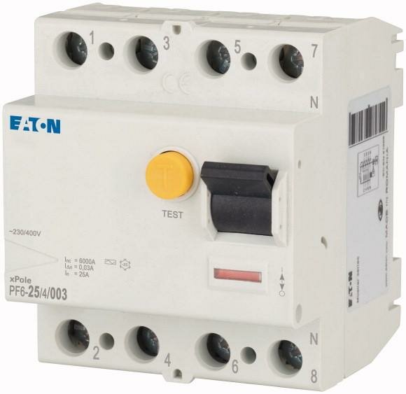 286504 Выключатель дифференциального тока Eaton PF6 4П 25А 30мА тип AC, 6кА