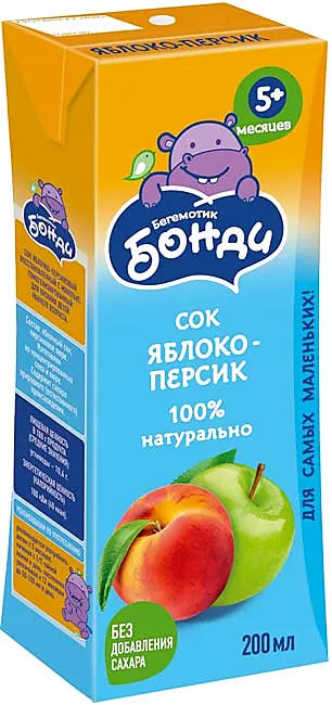 «Бегемотик Бонди», сок «Яблоко-Персик», 0.2л -27 штук - фотография № 1