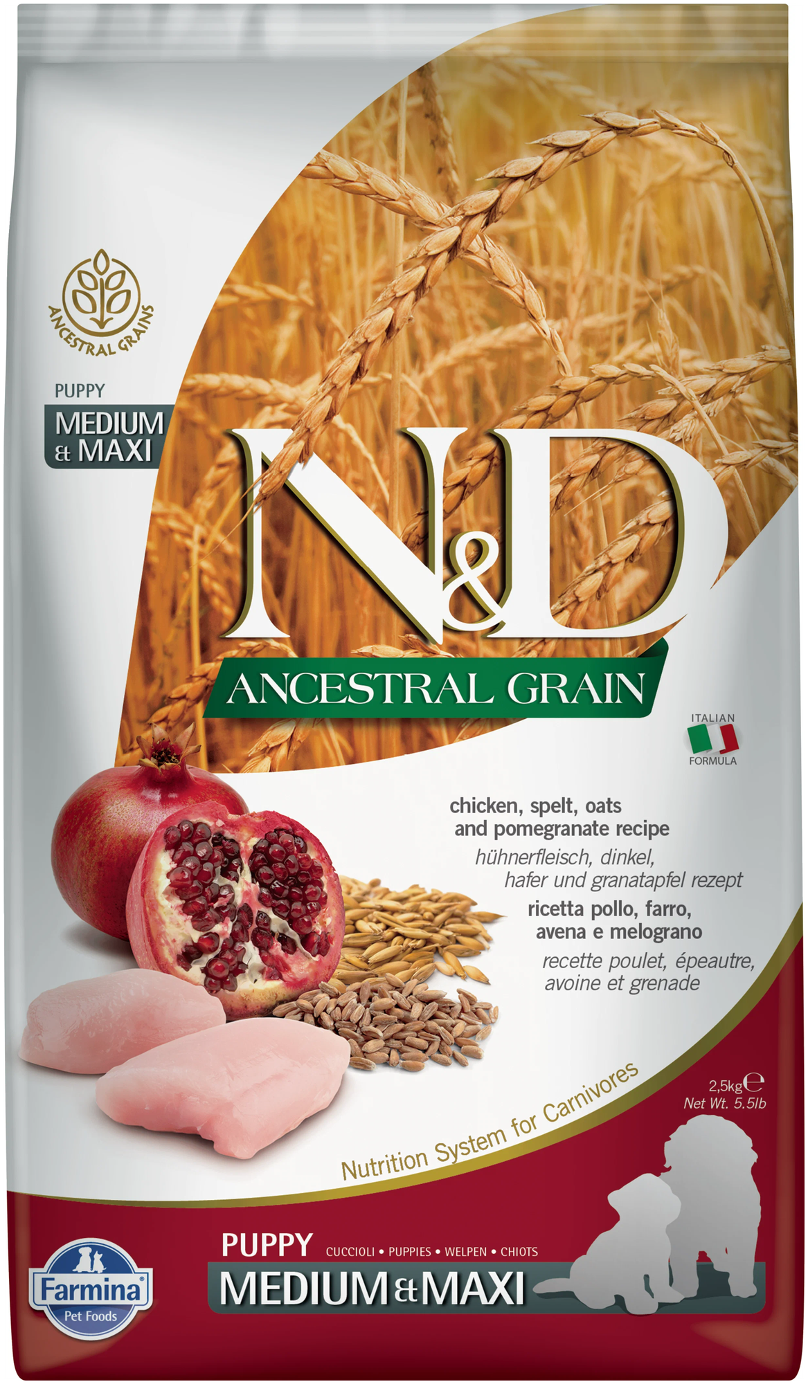 Фармина N&D ANCESTRAL GRAIN LINE для собак CHICKEN, SPELT, OATS&POMEGRANTE Puppy medium&maxi, 2,5 кг