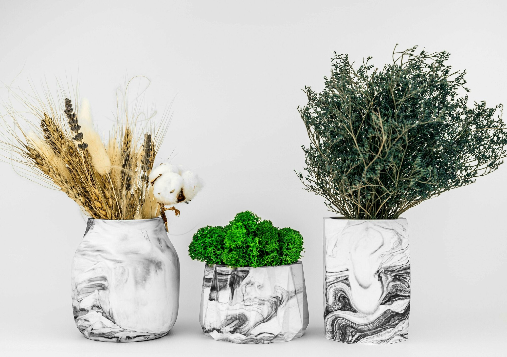 Набор из 3 изделий / ваза Грани и Сканди и кашпо со мхом Грани / цвет мрамор