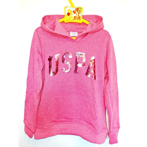 фото Толстовка u.s. polo assn., укороченная, капюшон, карманы, светоотражающие элементы, трикотажная, размер 5-6 (110-116), розовый