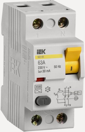 Изображение товара Выключатель дифференциальный ВД1-63 (УЗО) 2Р 63А 30мА MDV10-2-063-030 IEK KARAT