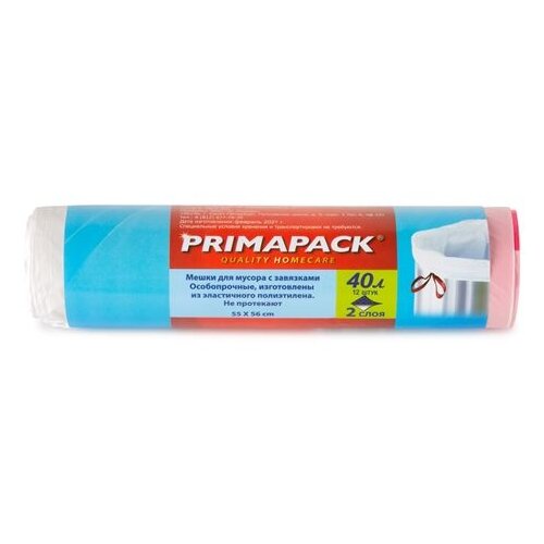 Мешки д/мусора PRIMAPACK 40л/12шт. с завязками, белые