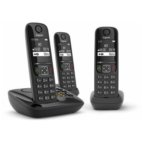 Радиотелефон DECT с автоответчиком и тремя трубками Gigaset AS690A TRIO RUS Black радиотелефон panasonic kx tg2521rut память 50 номеров аон повтор автоответчик титановый