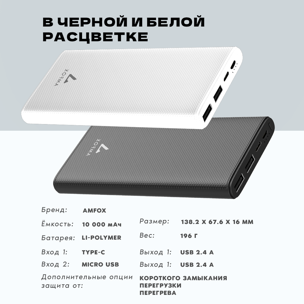 Повербанк для iphone 10000 mAh, AMFOX, APB-510, power bank для телефона, внешний аккумулятор, пауэр банк для redmi, пауэрбанк для xiaomi, черный