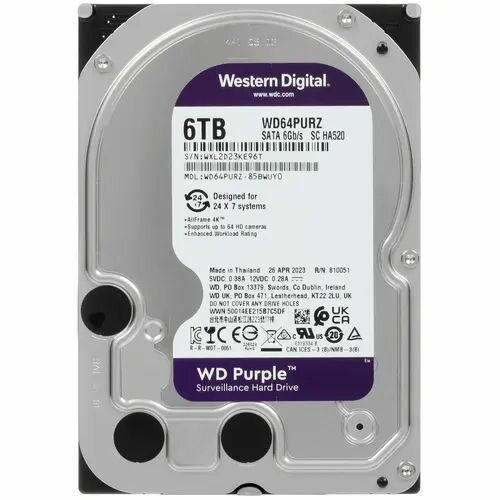 Жесткий диск Western Digital 6ТБ WD64PURZ Purple3,5 5400RPM 256MB (SATA-III) DV (887968)