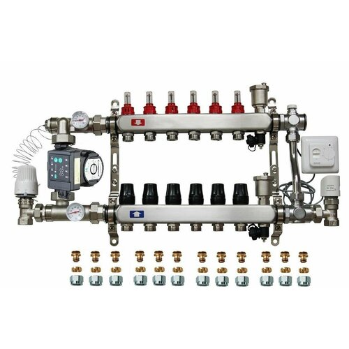 Комплект обвязка для теплого пола KOMFORT с частотным насосом Pumpman 6 выходов с евроконусами