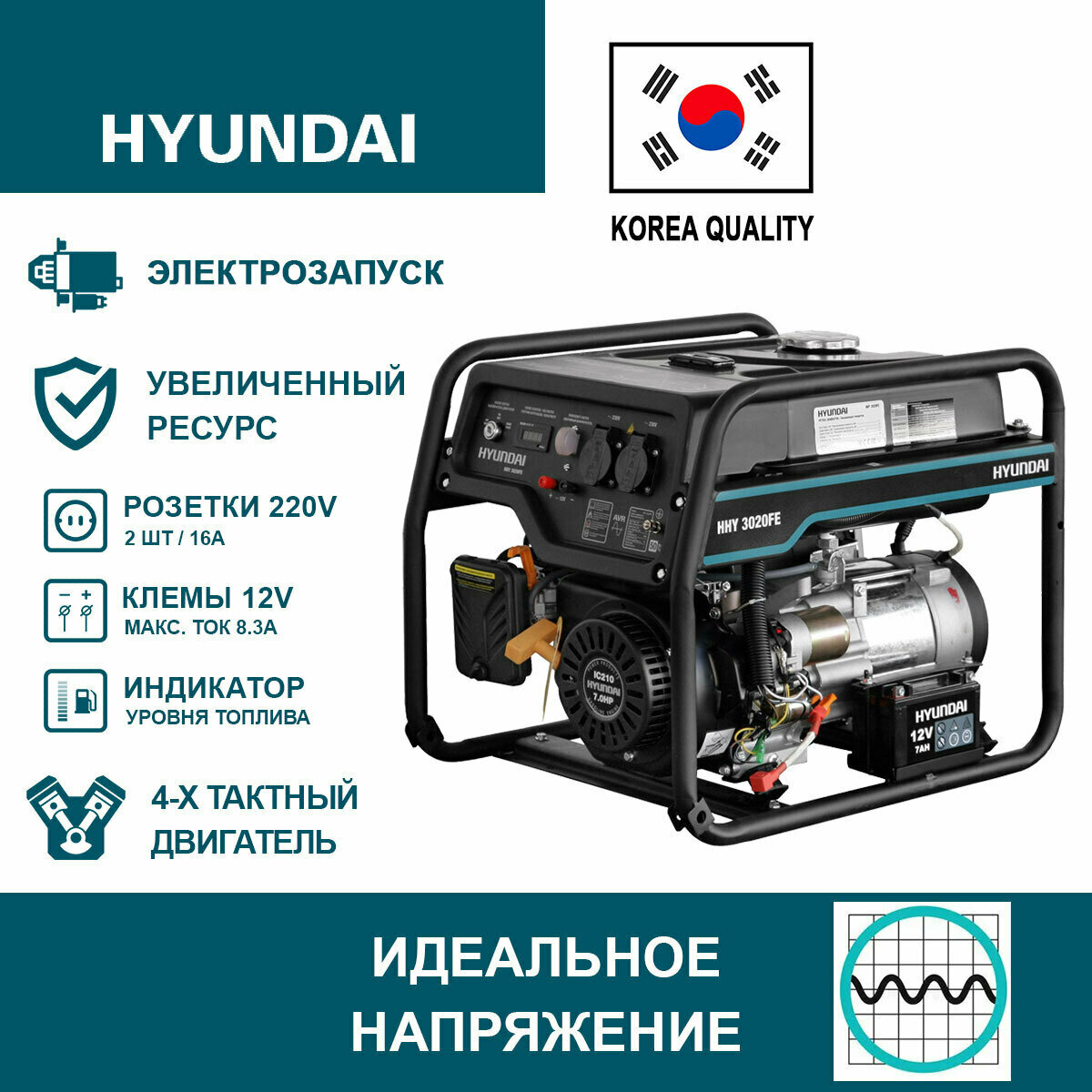 Генератор бензиновый Hyundai HHY 3020FE 3.1 кВт, бензогенератор с ручным и электрозапуском двигателя 49кг