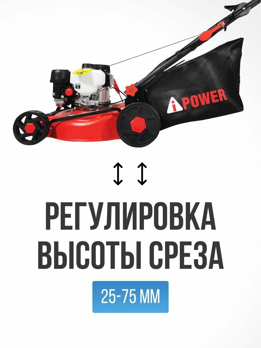 Газонокосилка бензиновая несамоходная A-iPower ALM41P (3,5 л. с, травосборник 55 л, ширина скашивания 41 см, высота 25-75 мм,22 кг)