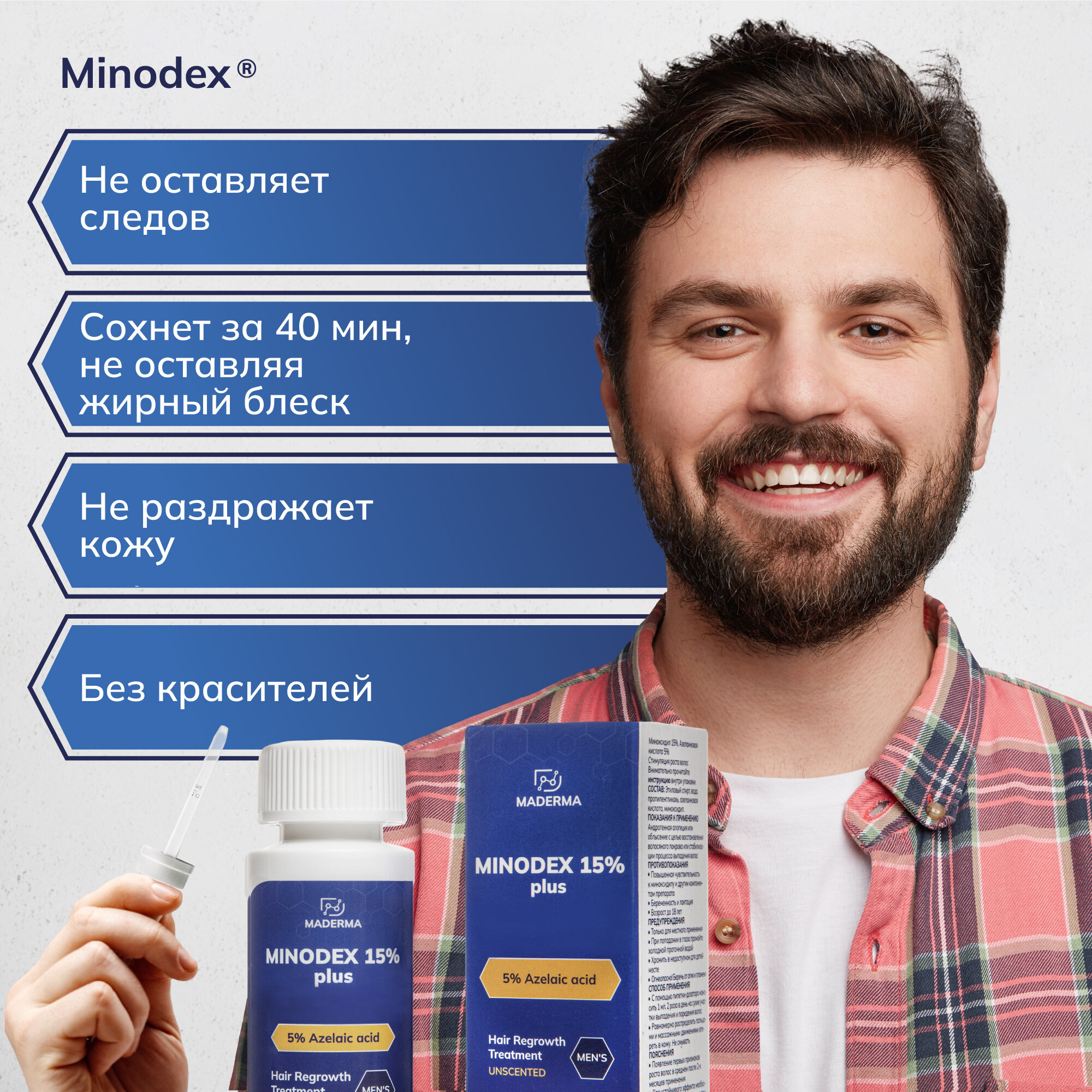 Усиленный Minodex 15% с азелаиновой кислотой, сыворотка активатор для роста волос и бороды, 60 мл + мезороллер — фото 1