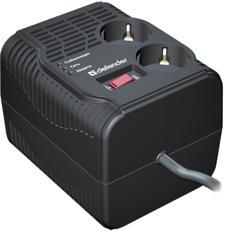 Стабилизатор Defender AVR черный 200 Вт 600 ВА входное напряжение 175–285 В.