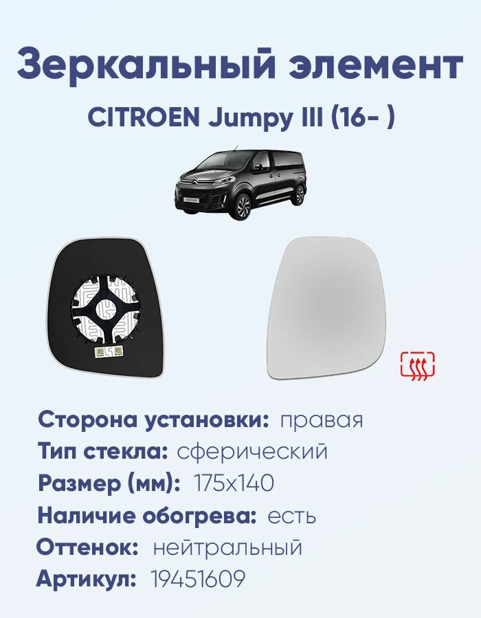 Зеркальный элемент правый CITROEN Jumpy III (16- ) сфера нейтральный с обогревом