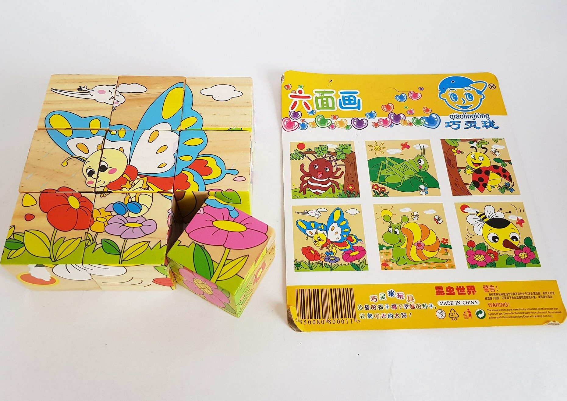 Кубики "насекомые" 6 Пазлов, развитие моторики и логики, деревянные, 9 шт, для детей 3+ лет