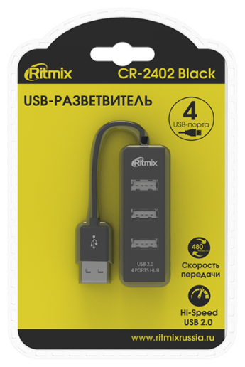 USB-концентратор  Ritmix CR-2402, разъемов: 4, 10 см, черный