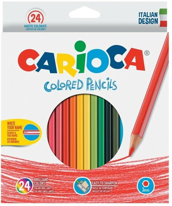 CARIOCA Карандаши 24 цвета Carioca, шестигранные, деревянные, грифель 3 мм, картонная упаковка, точилка в подарок