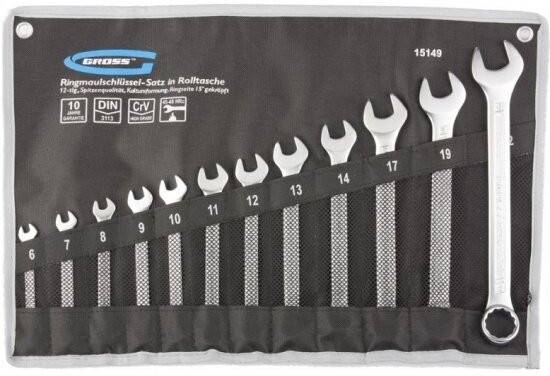 Набор комбинированных ключей Gross 15149, 6-22 мм, 12 шт, CrV, холодный штамп