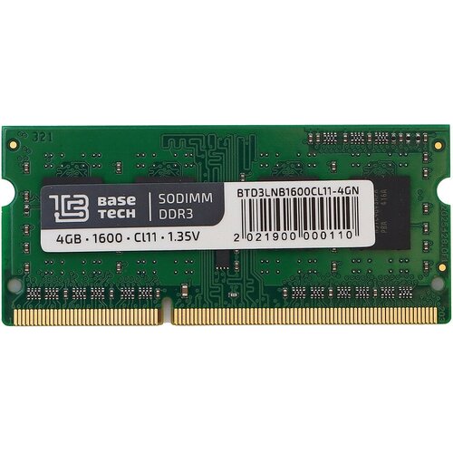 Память DDR3L SODIMM 4Gb, 1600MHz BaseTech (BTD3LNB-1600-CL11-4GN) оперативная память neoforza 4 гб ddr3l 1600 мгц sodimm cl11 nmso340d81 1600da10