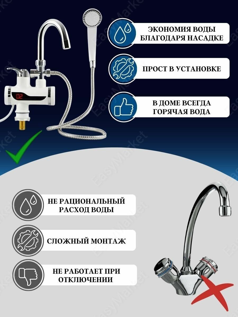 Электрический проточный водонагреватель с душем, нижний подвод воды, индикатор температуры, цвет белый - фотография № 8