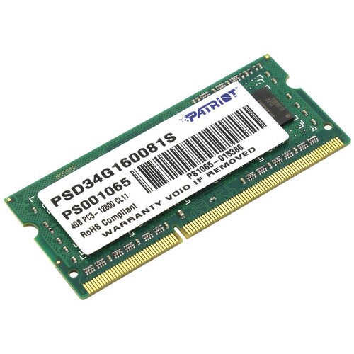 Оперативная память Patriot DDR3 - 4Gb, 1600 МГц, SO-DIMM, CL11 (psd34g160081s) память ddr3 4gb 1600mhz patriot 1 35v psd34g1600l81