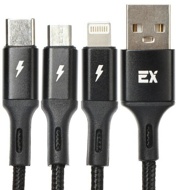 Кабель 3 в 1 Exployd EX-K-1417, USB - microUSB/Lightning/Type-C, 2.4 А, 1.2м, нейлон, черный 9449546 - фотография № 7