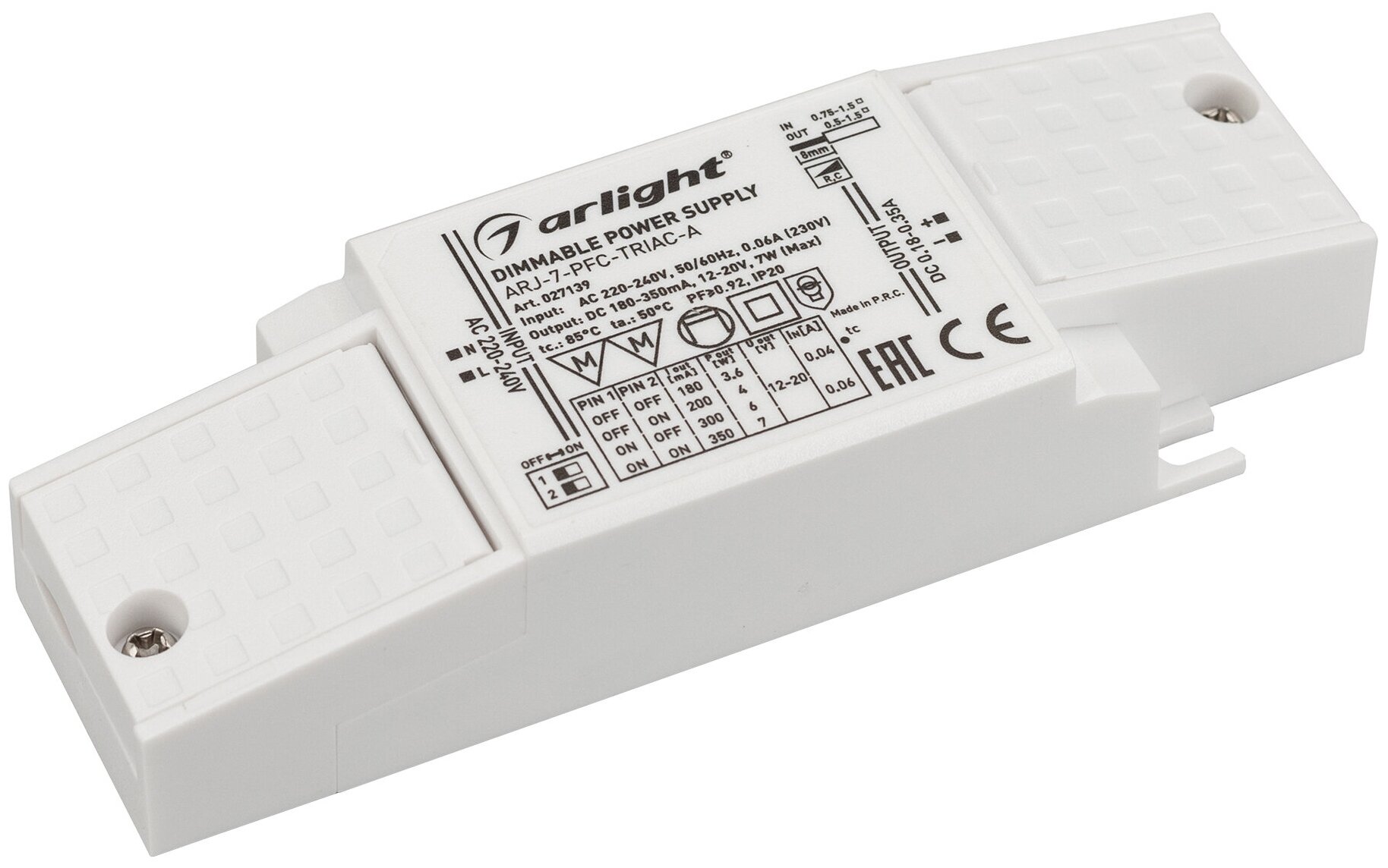 Блок питания ARJ-7-PFC-TRIAC-A (7W, 180-350mA) (Arlight, IP20 Пластик, 5 лет) Артикул 027139