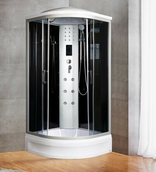 фото Душевая кабина угловая River DUNAY 90х90 с тонированным стеклом средним поддоном, крышей и гидромассажем
