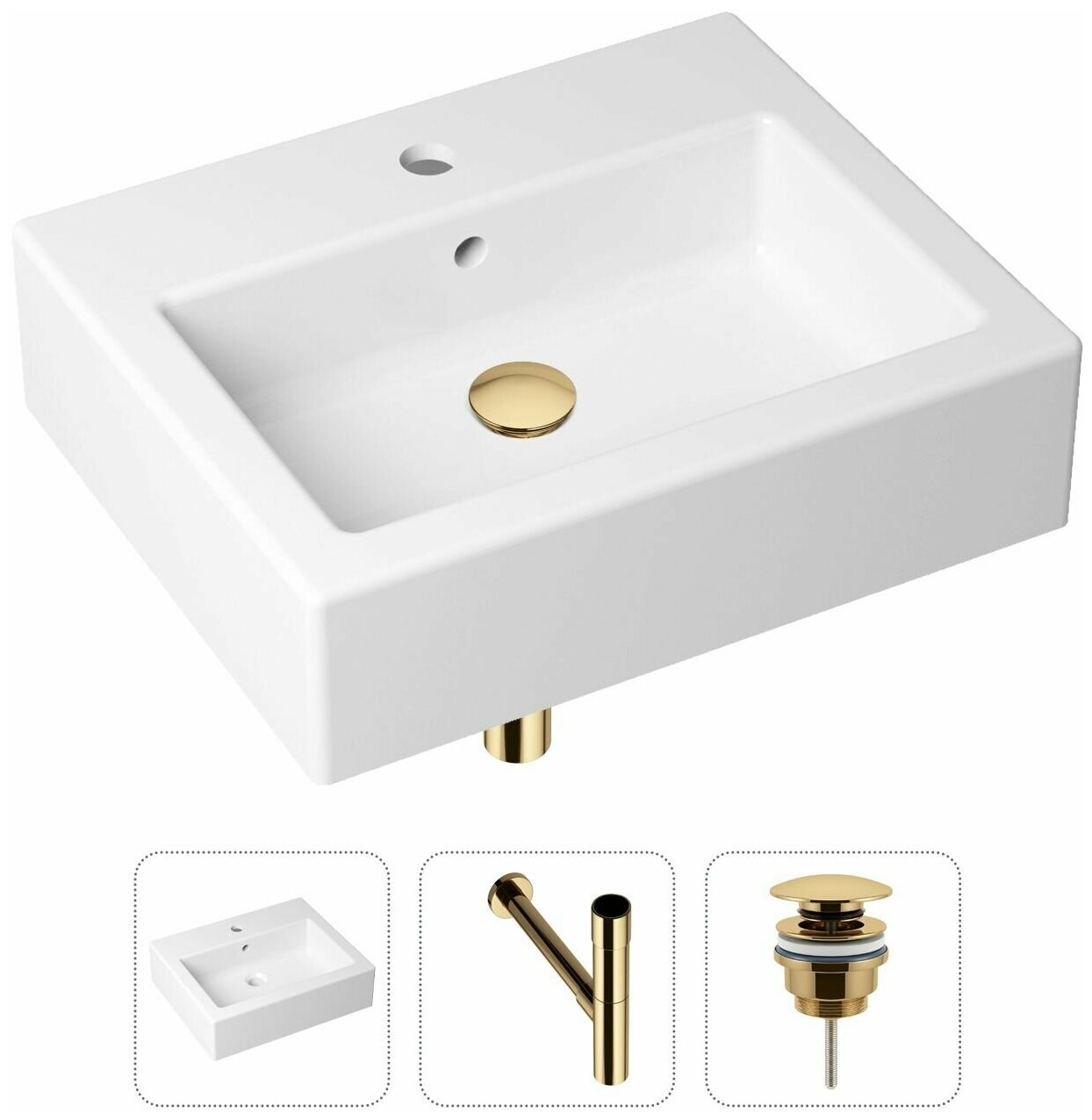 Накладная раковина в ванную Lavinia Boho Bathroom Sink 21520679 в комплекте 3 в 1: умывальник белый, донный клапан и сифон в цвете золото - фотография № 1